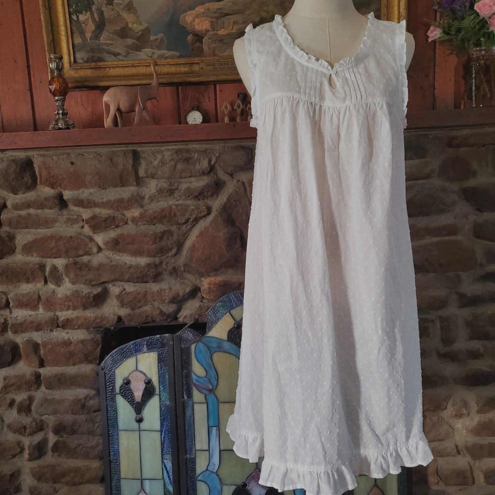 Adonna White Cotton Swiss Dot Nightgown Ruffles Cottage Prairie Coquette Medium